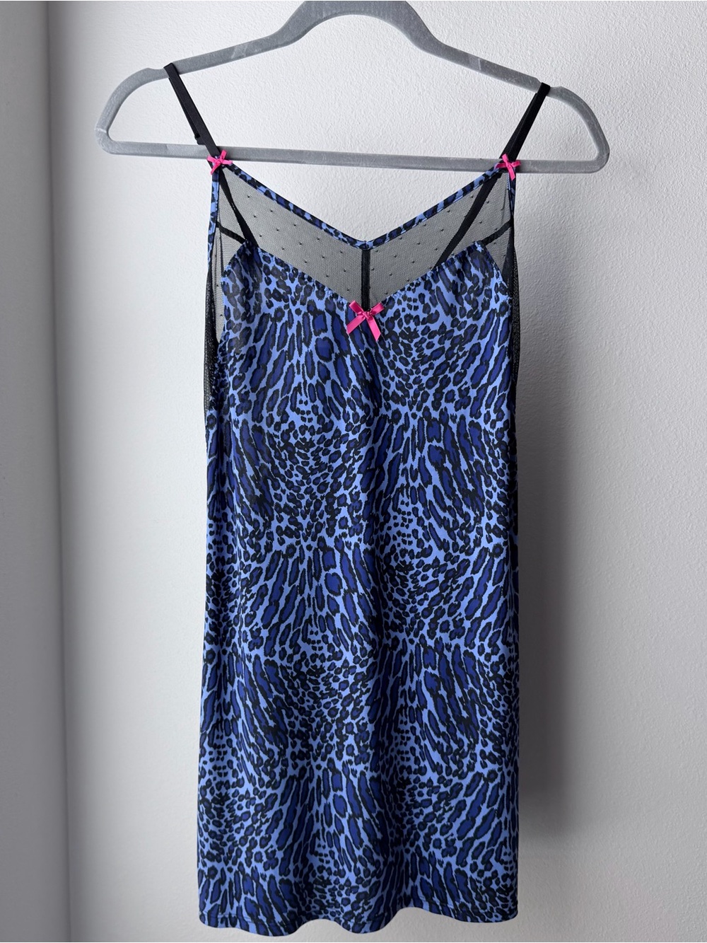 Betsey Johnson Blue Leopard Satin Chemise with Pink Bow Accents